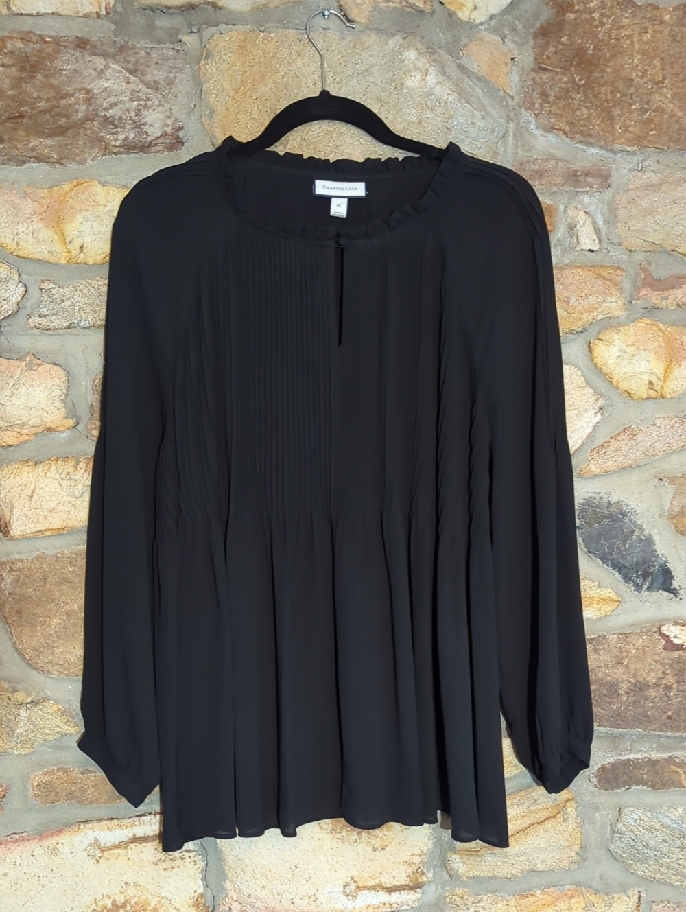 Charter Club Black Long-Sleeve Pintuck Peasant Blouse